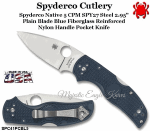 Spyderco SPC41PDBL5 Native 5 Folding Pocket Knife 4"Closed 3" CPM-S110V Stainless Steel Plain Blade, Dark Blue FRN Handles  