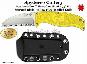 Spyderco SPFB31SYL Enuff Sheepfoot Fixed 2.75" H1 Stainless Steel Serrated Blade, Yellow FRN Handles Spyderco SPFB31SYL Enuff Sheepfoot Fixed 2.75" H1 Stainless Steel Serrated Blade, Yellow FRN Handles