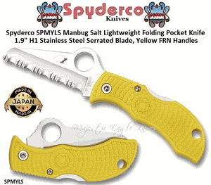 Spyderco SPMYLS Manbug Salt Lightweight Folding Pocket Knife 1.9" H1 Stainless Steel Serrated Blade, Yellow FRN Handles 