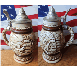 STEIN-AVON-HANDCRAFTED-IN-BRAZIL-1977-Sailing Ships Beer Stein Metal Top #443866