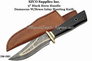 SZCO Supplies DM-1061 9" Black Horn Handle Damascus W/Brass Inlay Hunting Knife SZCO Supplies DM-1061 9" Black Horn Handle Damascus W/Brass Inlay Hunting Knife