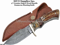SZCO Supplies Inc. DM-1022 9" Genuine Stag Wood Handle Damascus Hunting Knife