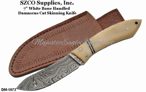 SZCO Supplies, Inc. DM-1073BO 7" White Bone Handle Damascus Skinning Knife