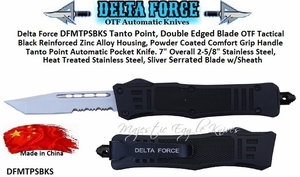 Tanto Point, Blade OTF Tactical Black Reinforced Zinc Alloy Housing, Powder Coated Comfort Grip Handle Tanto Point Automatic Pocket Knife. 7" Overall 2-5/8" Stainless Steel, Heat Treated Stainless Steel, Sliver Plain Blade w/Sheath Tanto Point, Blade OTF Tactical Black Reinforced Zinc Alloy Housing, Powder Coated Comfort Grip Handle Tanto Point Automatic Pocket Knife. 7" Overall 2-5/8" Stainless Steel, Heat Treated Stainless Steel, Sliver Plain Blade w/Sheath