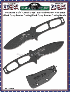 The Bear & Son BSCCC-400-B Constant Companion Neck Knife Blade Length 2 7/8" Overall Length: 6" Blade Type: Recurve Drop Point Blade Sheath: High quality Kydex, Black