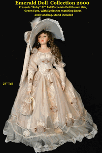 The Emerald Doll Collection 2000 Presents "Ruby" 27" Tall Porcelain Doll Brown Hair, Green Eyes, with Eyelashes matching Dress and Handbag. Stand included