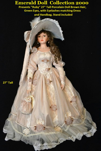 The Emerald Doll Collection 2000 Presents "Ruby" 27" Tall Porcelain Doll Brown Hair, Green Eyes, with Eyelashes matching Dress and Handbag. Stand included The Emerald Doll Collection 2000 Presents "Ruby" 27" Tall Porcelain Doll Brown Hair, Green Eyes, with Eyelashes matching Dress and Handbag. Stand included