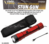The Kwik Force� SG-26002RD Red Flashfire Ultra Bright LED Flashlight has a Built-in 16,000,000 Volt Stun Gun, 6" Overall 0.35lbs Charger & Holster Included