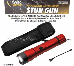 The Kwik Force� SG-26002RD Red Flashfire Ultra Bright LED Flashlight has a Built-in 16,000,000 Volt Stun Gun, 6" Overall 0.35lbs Charger & Holster Included