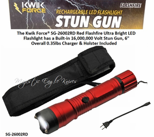 The Kwik Force® SG-26002RD Red Flashfire Ultra Bright LED Flashlight has a Built-in 16,000,000 Volt Stun Gun, 6" Overall 0.35lbs Charger & Holster Included The Kwik Force® SG-26002RD Red Flashfire Ultra Bright LED Flashlight has a Built-in 16,000,000 Volt Stun Gun, 6" Overall 0.35lbs Charger & Holster Included
