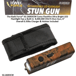 The Kwik Force� SG-26003CM Camo Flashfire Ultra Bright LED Flashlight has a Built-in �8,000,000 VOLTS Stun Gun, 6" Overall 0.35lbs Charger & Holster Included