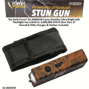 The Kwik Force� SG-26003CM Camo Flashfire Ultra Bright LED Flashlight has a Built-in �8,000,000 VOLTS Stun Gun, 6" Overall 0.35lbs Charger & Holster Included