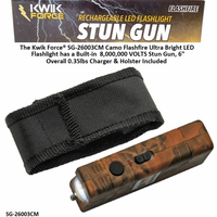The Kwik ForceŽ SG-26003CM Camo Flashfire Ultra Bright LED Flashlight has a Built-in 8,000,000 VOLTS Stun Gun, 6" Overall 0.35lbs Charger & Holster Included The Kwik ForceŽ SG-26003CM Camo Flashfire Ultra Bright LED Flashlight has a Built-in 8,000,000 VOLTS Stun Gun, 6" Overall 0.35lbs Charger & Holster Included
