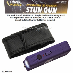 The Kwik Force� SG-26003PU Purple Flashfire Ultra Bright LED Flashlight has a Built-in �8,000,000 VOLTS Stun Gun, 6" Overall 0.35lbs Charger & Holster Included