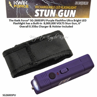The Kwik ForceŽ SG-26003PU Purple Flashfire Ultra Bright LED Flashlight has a Built-in 8,000,000 VOLTS Stun Gun, 6" Overall 0.35lbs Charger & Holster Included The Kwik ForceŽ SG-26003PU Purple Flashfire Ultra Bright LED Flashlight has a Built-in 8,000,000 VOLTS Stun Gun, 6" Overall 0.35lbs Charger & Holster Included