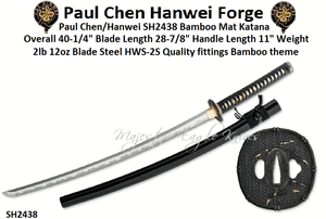 The Paul Chen/Hanwei SH2438 Bamboo Mat Katana 28 7/8" High-Alloy HWS-2S Steel Blade The saya is finished in high-gloss lacquer with horn fittings