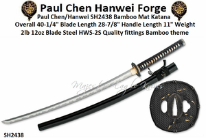 The Paul Chen/Hanwei SH2438 Bamboo Mat Katana 28 7/8" High-Alloy HWS-2S Steel Blade The saya is finished in high-gloss lacquer with horn fittings