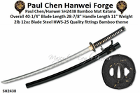 The Paul Chen/Hanwei SH2438 Bamboo Mat Katana 28 7/8" High-Alloy HWS-2S Steel Blade The saya is finished in high-gloss lacquer with horn fittings
