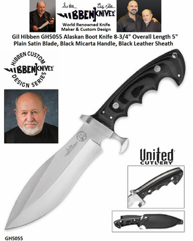 United Cutlery Gil Hibben GH5055 Alaskan Boot Knife 5" Plain Satin Blade, Black Micarta Handle, Black Leather Sheath 