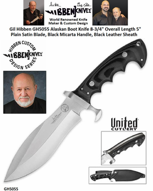 United Cutlery Gil Hibben GH5055 Alaskan Boot Knife 5" Plain Satin Blade, Black Micarta Handle, Black Leather Sheath United Cutlery Gil Hibben GH5055 Alaskan Boot Knife 5" Plain Satin Blade, Black Micarta Handle, Black Leather Sheath