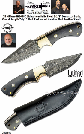 United Cutlery Presents Gil Hibben GH5058D Sidewinder Knife Fixed 3-1/2" Damascus Blade, Black Pakkawood Handles, Black Leather Sheath