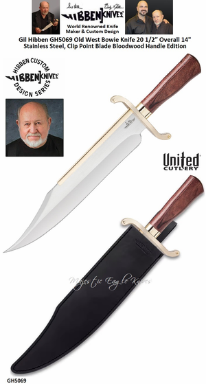 United Cutlery Presents Gil Hibben GH5069 Old West Bowie Knife 20-1/2 Overall 14" Stainless Steel, Clip Point Blade Bloodwood Handle Edition United Cutlery Presents Gil Hibben GH5069 Old West Bowie Knife 20-1/2 Overall 14" Stainless Steel, Clip Point Blade Bloodwood Handle Edition
