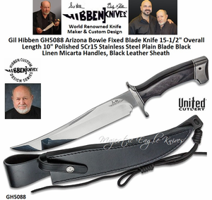 United Cutlery Presents Gil Hibben GH5088 Arizona Bowie Fixed Blade Knife 10" Polished 5Cr15 Stainless Steel Plain Blade Black Linen Micarta Handles, Black Leather Sheath United Cutlery Presents Gil Hibben GH5088 Arizona Bowie Fixed Blade Knife 10" Polished 5Cr15 Stainless Steel Plain Blade Black Linen Micarta Handles, Black Leather Sheath