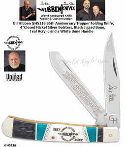 United Cutlery Presents Gil Hibben GH5116 65th Anniversary Trapper Folding Knife, 4"Closed Nickel Silver Bolsters, Black Jigged Bone, Teal Acrylic and a White Bone Handle 