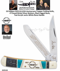 United Cutlery Presents Gil Hibben GH5116 65th Anniversary Trapper Folding Knife, 4"Closed Nickel Silver Bolsters, Black Jigged Bone, Teal Acrylic and a White Bone Handle United Cutlery Presents Gil Hibben GH5116 65th Anniversary Trapper Folding Knife, 4"Closed Nickel Silver Bolsters, Black Jigged Bone, Teal Acrylic and a White Bone Handle