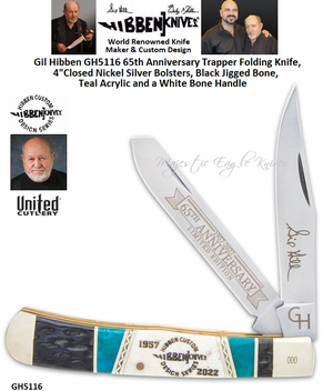 United Cutlery Presents Gil Hibben GH5116 65th Anniversary Trapper Folding Knife, 4"Closed Nickel Silver Bolsters, Black Jigged Bone, Teal Acrylic and a White Bone Handle 