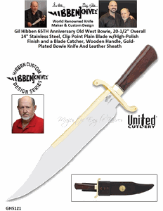 United Cutlery Presents Gil Hibben GH5121 65TH Anniversary Old West Bowie, 20-1/2" Overall 14" Stainless Steel, Clip Point Plain Blade w/High-Polish Finish and a Blade Catcher, Wooden Handle, Gold-Plated Bowie Knife And Leather Sheath
