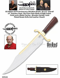 United Cutlery Presents Gil Hibben GH5121 65TH Anniversary Old West Bowie, 20-1/2" Overall 14" Stainless Steel, Clip Point Plain Blade w/High-Polish Finish and a Blade Catcher, Wooden Handle, Gold-Plated Bowie Knife And Leather Sheath United Cutlery Presents Gil Hibben GH5121 65TH Anniversary Old West Bowie, 20-1/2" Overall 14" Stainless Steel, Clip Point Plain Blade w/High-Polish Finish and a Blade Catcher, Wooden Handle, Gold-Plated Bowie Knife And Leather Sheath