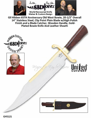 United Cutlery Presents Gil Hibben GH5121 65TH Anniversary Old West Bowie, 20-1/2" Overall 14" Stainless Steel, Clip Point Plain Blade w/High-Polish Finish and a Blade Catcher, Wooden Handle, Gold-Plated Bowie Knife And Leather Sheath United Cutlery Presents Gil Hibben GH5121 65TH Anniversary Old West Bowie, 20-1/2" Overall 14" Stainless Steel, Clip Point Plain Blade w/High-Polish Finish and a Blade Catcher, Wooden Handle, Gold-Plated Bowie Knife And Leather Sheath
