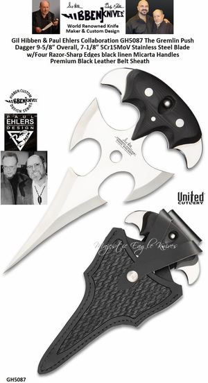 United Cutlery Presents Gil Hibben & Paul Ehlers Collaboration GH5087 The Gremlin Push Dagger 7-1/8” 5Cr15MoV Stainless Steel Blade w/Four Razor-Sharp Edges black linen Micarta Handles Leather Belt Sheath United Cutlery Presents Gil Hibben & Paul Ehlers Collaboration GH5087 The Gremlin Push Dagger 7-1/8” 5Cr15MoV Stainless Steel Blade w/Four Razor-Sharp Edges black linen Micarta Handles Leather Belt Sheath