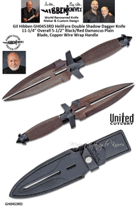 United Cutlery Presents Gil Hibben's GH0453RD HellFyre Double Shadow Dagger Knife 11-1/4" Overall 5-1/2" Black/Red Damascus Plain Blade, Copper Wire Wrap Handle