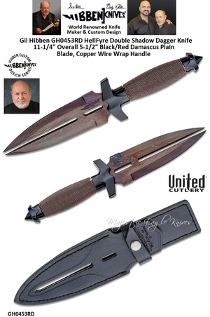 United Cutlery Presents Gil Hibben's GH0453RD HellFyre Double Shadow Dagger Knife 11-1/4" Overall 5-1/2" Black/Red Damascus Plain Blade, Copper Wire Wrap Handle United Cutlery Presents Gil Hibben's GH0453RD HellFyre Double Shadow Dagger Knife 11-1/4" Overall 5-1/2" Black/Red Damascus Plain Blade, Copper Wire Wrap Handle