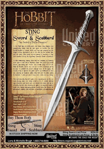 United Cutlery UC2892 & UC2893 LOTR Hobbit Sting Sword Of Bilbo Baggins, Scabbard & Wall Plaque