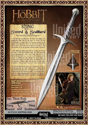 United Cutlery UC2892 & UC2893 LOTR Hobbit Sting Sword Of Bilbo Baggins, Scabbard & Wall Plaque United Cutlery UC2892 & UC2893 LOTR Hobbit Sting Sword Of Bilbo Baggins, Scabbard & Wall Plaque