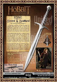 United Cutlery UC2892 & UC2893 LOTR Hobbit Sting Sword Of Bilbo Baggins, Scabbard & Wall Plaque