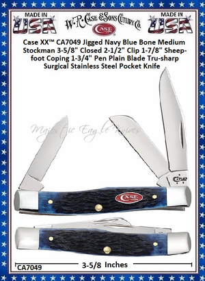 W.R. Case & Son's Cutlery CA7049 CASE XX� 2-1/2" Clip, 1-7/8" Sheepfoot Coping Blade and 1-3/4" Pen Blade Tru-sharp Surgical Stainless Steel Jigged Navy Blue Bone Handle Medium Stockman Pocket Knife