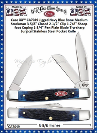 W.R. Case & Son's Cutlery CA7049 CASE XX� 2-1/2" Clip, 1-7/8" Sheepfoot Coping Blade and 1-3/4" Pen Blade Tru-sharp Surgical Stainless Steel Jigged Navy Blue Bone Handle Medium Stockman Pocket Knife