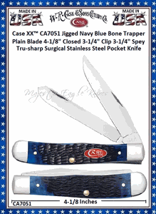 W.R. Case & Son's Cutlery CA7051 CASE XX� 3-1/4" Tru-sharp Surgical Stainless Steel Clip Blade & 3-1/4" Spey Blade Jigged Navy Blue Bone Handle Large Trapper Pocket Knife