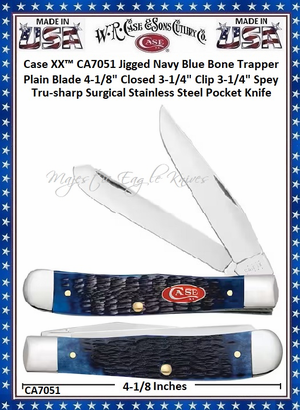 W.R. Case & Son's Cutlery CA7051 CASE XX™ 3-1/4" Tru-sharp Surgical Stainless Steel Clip Blade & 3-1/4" Spey Blade Jigged Navy Blue Bone Handle Large Trapper Pocket Knife W.R. Case & Son's Cutlery CA7051 CASE XX™ 3-1/4" Tru-sharp Surgical Stainless Steel Clip Blade & 3-1/4" Spey Blade Jigged Navy Blue Bone Handle Large Trapper Pocket Knife