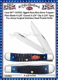 W.R. Case & Son's Cutlery CA7051 CASE XX� 3-1/4" Tru-sharp Surgical Stainless Steel Clip Blade & 3-1/4" Spey Blade Jigged Navy Blue Bone Handle Large Trapper Pocket Knife