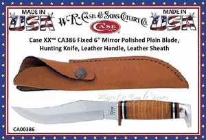W.R. Case & Son's Cutlery CA386 Case Stacked Leather Handeled Fixed Blade Hunter Knife & Sheath