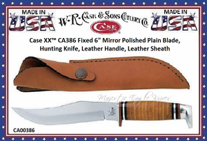 W.R. Case & Son's Cutlery CA386 Case Stacked Leather Handeled Fixed Blade Hunter Knife & Sheath