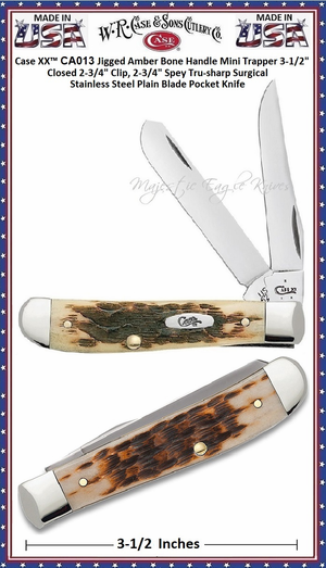 W.R. Case & Son's Cutlery CA0013 Case XX� Jigged Amber Bone Handle Mini Trapper Stainless Pocket Knife     