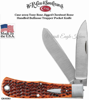 W.R. Case & Son's Cutlery CA10363 Case 2019 Tony Bose Jigged Chestnut Bone Handled Bullnose Large Trapper Pocket Knife 