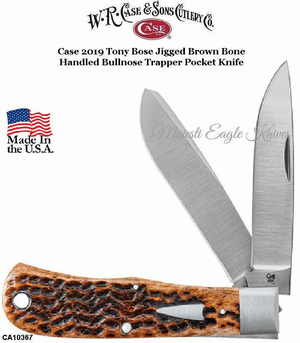 W.R. Case & Son's Cutlery CA10367 Case 2019 Tony Bose Jigged Brown Bone Handle Bullnose Large Trapper Pocket Knife W.R. Case & Son's Cutlery CA10367 Case 2019 Tony Bose Jigged Brown Bone Handle Bullnose Large Trapper Pocket Knife