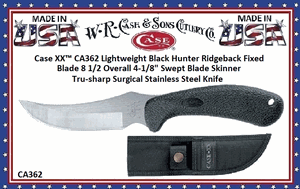 W.R. Case & Sons Cutlery CA362 Case XX� Lightweight Black Hunter Ridgeback Fixed Blade 8-1/2" Overall 4-1/8" Swept Blade Skinner Tru-sharp Surgical Stainless Steel Knife